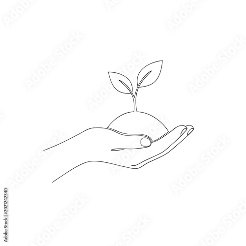 Hand Nurturing a New Beginning: A delicate line drawing depicts a nurturing hand cradling a tiny sprout, symbolizing growth and renewal. A visual metaphor of environmental care and hope.