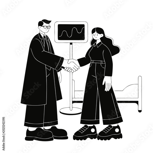 Healthcare Partnership: A doctor and patient shake hands in a moment of trust and collaboration, symbolizing the beginning of a patient-centered care journey.