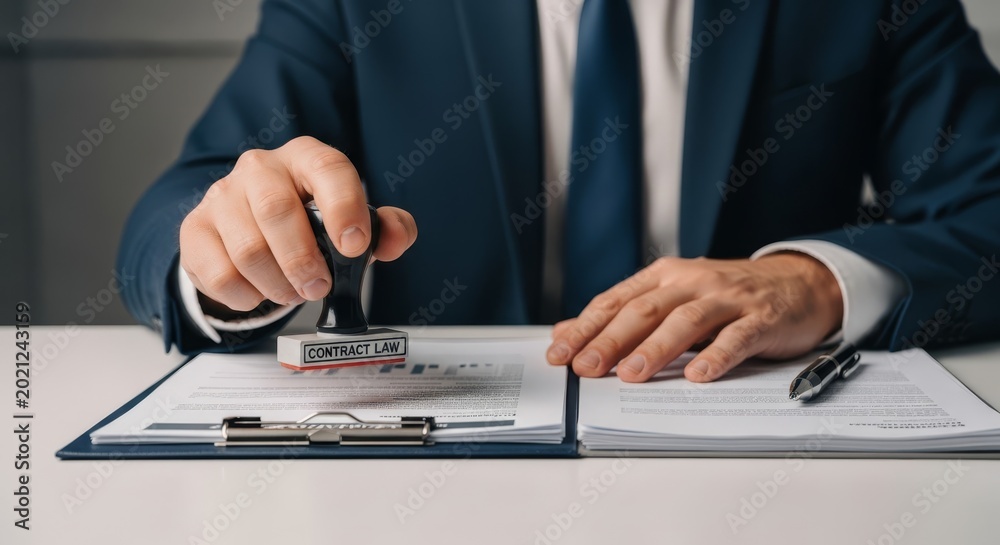 Fototapeta premium Man stamping the word Contract Law on a document, representing legal approval and business agreement.