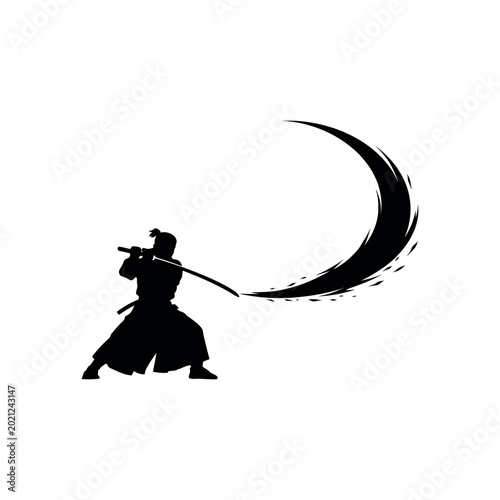 Black silhouette of a samurai warrior swinging a katana sword with a motion arc on a white background