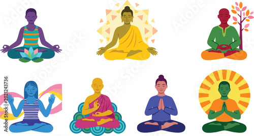 Foto Colorful meditation poses with spiritual and yoga themes in flat vector art
