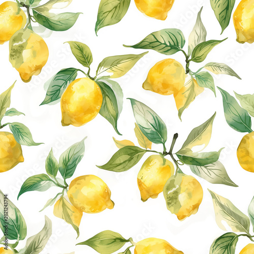 Fresh watercolor seamless pattern showing yellow lemons with detailed green leaves on branches. Mediterranean vibe.