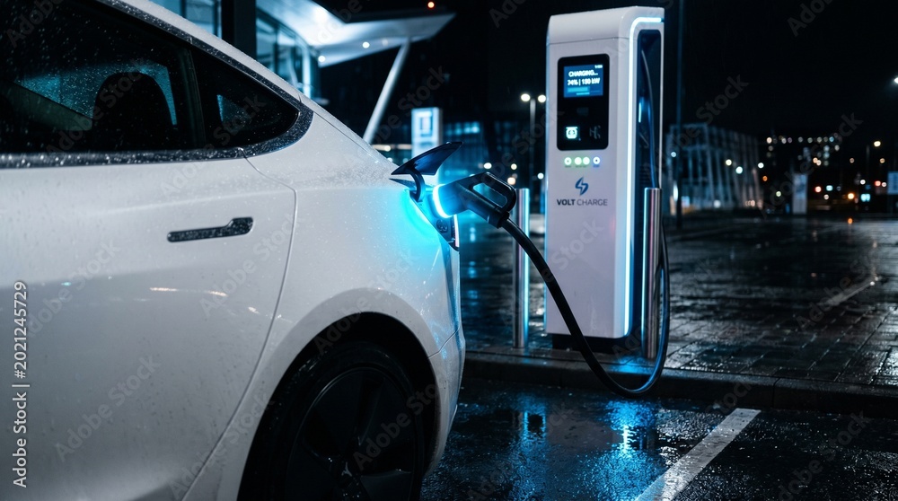 Fototapeta premium Electric car charging at night with illuminated station in urban setting