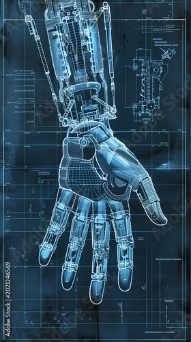 Technical robot hand blueprint finger joints illustrate mechanical hand in blueprint form, robot finger articulation blueprint art.