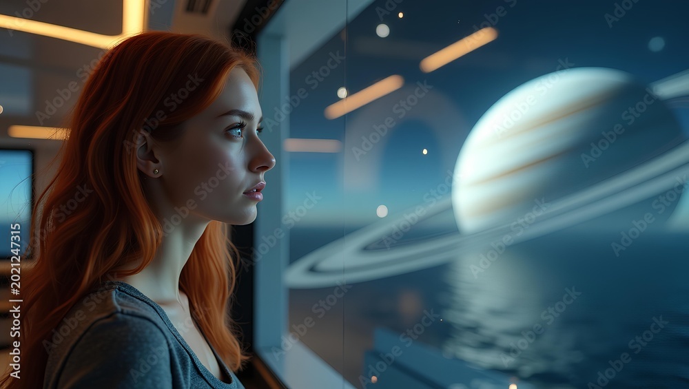 Naklejka premium Woman looking outside from spaceship