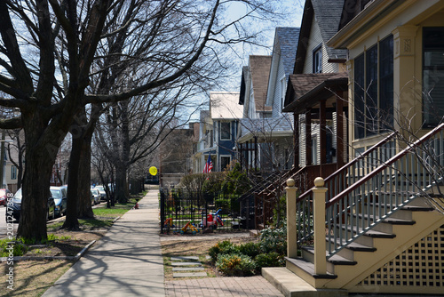 The trees are bare in early spring in a residential neighborhood of Chicago