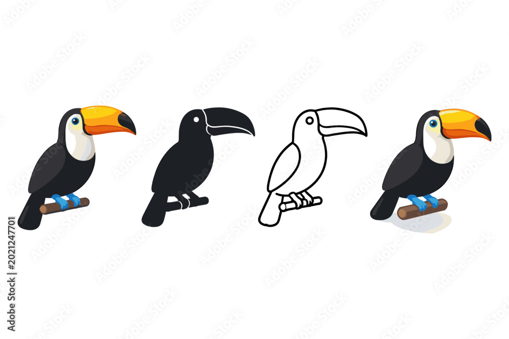 Fototapeta premium Set of toucan illustrations including full color, silhouette, and outline versions