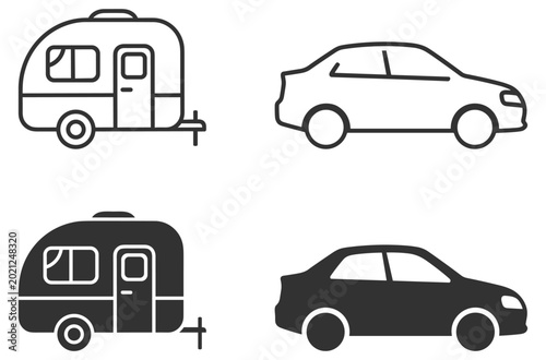 Valokuva car and caravan line and solid icons travel transport vehicle and trailer on tra