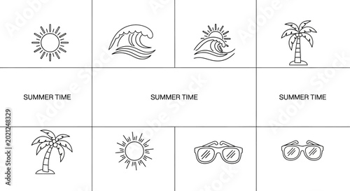 Konstfotografi Summer Delights: A collection of summer-themed icons, including a sun, wave, palm tree, and binoculars