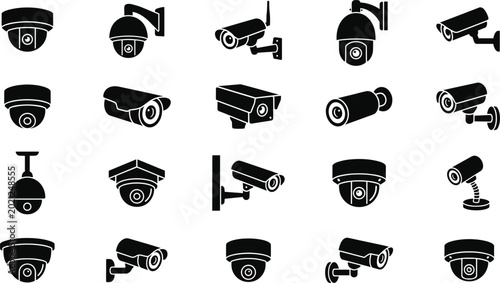 Konstfotografi CCTV Security Camera Silhouette Icon Set Featuring Surveillance Systems Dome Cam