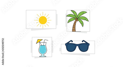 Schilderij op canvas Summer Icon Array: A collection of simple yet evocative summer icons—the sun, palm tree, refreshing drink, and sunglasses—arranged to capture the essence of vacation, leisure