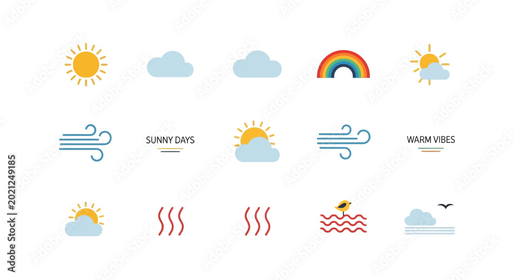 Fototapeta premium Weather Icons: A collection of vibrant icons represent weather elements, offering a visual guide to climate conditions, from sunny days and rainbows to windy gusts and warm vibes.