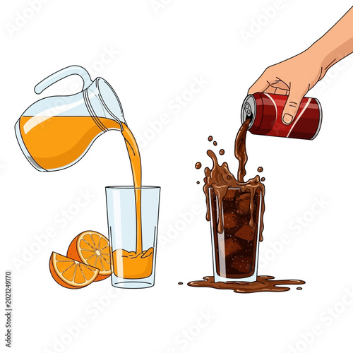 Orange Juice and Cola Pouring into Glasses - Refreshing Drinks Illustration