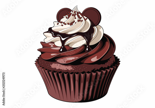 Photos A delicious pink birthday cupcake with a cherry on top and sweet chocolate icing