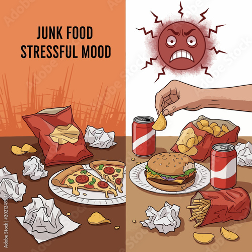 Unhealthy food and stressed mood concept illustration