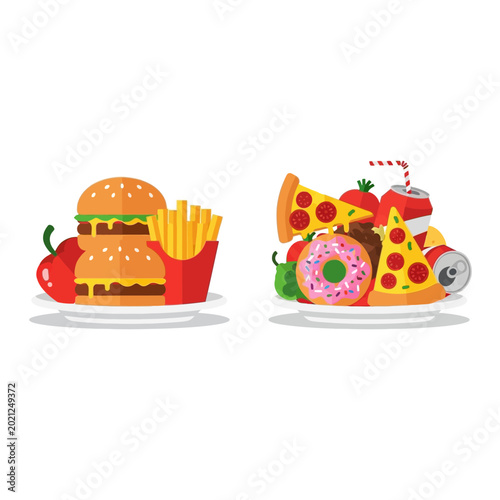 Unhealthy food arrangement: Burgers, fries, pizza, donuts, soda.