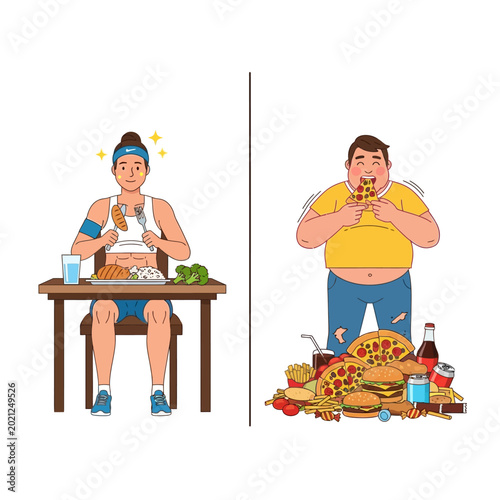 Healthy vs Unhealthy Eating Habits: Comparison Illustration
