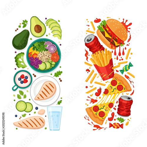 Healthy vs Unhealthy Food: Balanced Diet and Junk Food Illustration