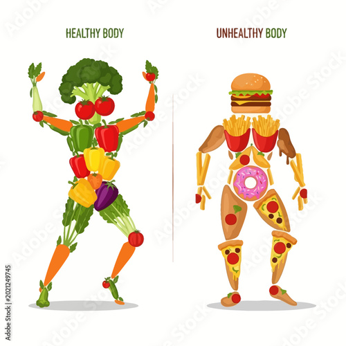 Healthy vs Unhealthy Food Body Comparison: Nutrition Concept