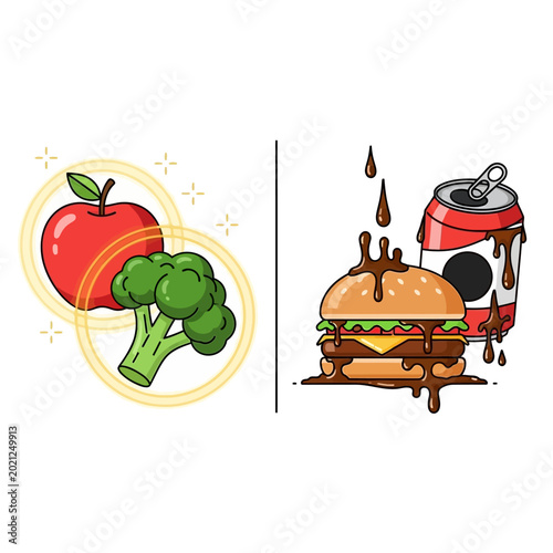 Healthy vs Unhealthy Food Choice Comparison Illustration
