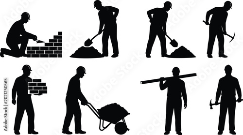 Quadro su tela Construction worker silhouettes set with bricklayer masonry, laborer using picka