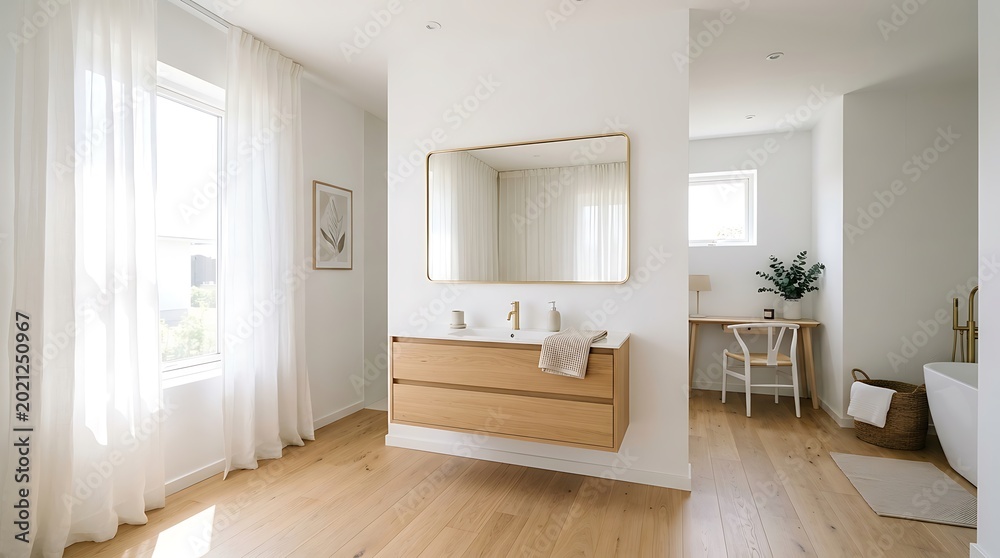 Fototapeta premium Elegant interior design mockup modern hallway with mirror and wooden furniture showcase