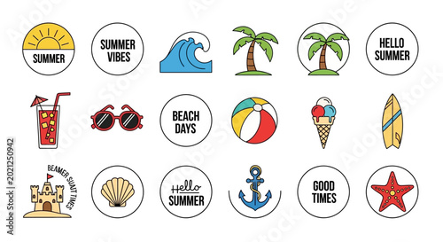 Foto Summer Icons and Elements: A colorful compilation of summer icons and elements