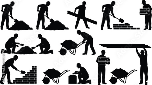 Tableau sur toile Construction worker silhouettes set with bricklayer masonry, laborer using wheel