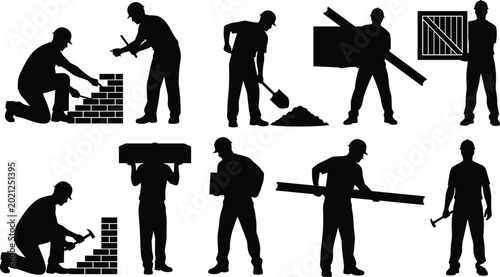 Quadro su tela Construction worker silhouettes set with builder masonry, bricklayer, handyman,