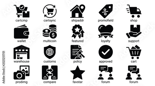 Set of ecommerce and business icons, including shopping cart, wallet, warehouse, and customer support symbols