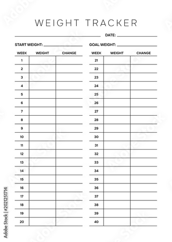 Professional 40 Week Weight Tracker A4 Template Minimalist Fitness Progress Log and Health Goal Auditor Layout