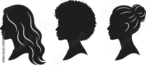 Foto Diverse Women Profile Silhouette Vector Set with Wavy Hair Afro Textures and Bun