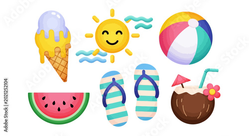Фотография Summer Delight: A vibrant collection of summer symbols including ice cream, a smiling sun, beach ball, watermelon slice, flip-flops, and a refreshing coconut drink, embodying the joy of the season