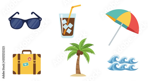 Fotografija Essential Summer Elements: A vibrant composition showcasing key items synonymous with summertime bliss, evoking feelings of relaxation and adventure