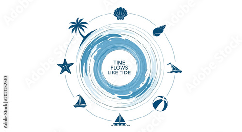 Photos Oceanic Cycle: A stylish design encapsulates the seamless flow of time and the ebb and flow of tides, visualized through marine-themed icons in a circular composition