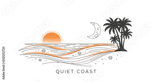 Cuadro en lienzo Serene Coastline at Dusk: A tranquil coast at dusk where the sun meets the horizon, a crescent moon emerges amidst the palm trees, capturing the quietude and charm of nature