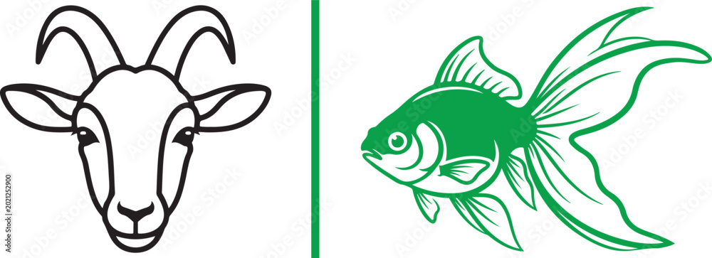 Fototapeta premium Goat head and goldfish vector illustrations. Representing Capricorn and Pisces zodiac signs, animal diversity, and nature-themed graphic design