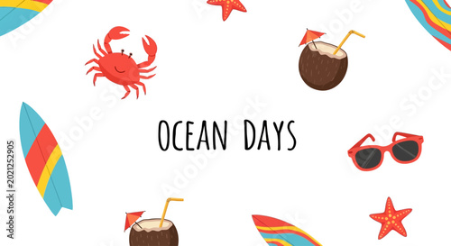 Принти на полотні Ocean Days: A vibrant illustration showcasing the carefree spirit of beach days, complete with playful elements