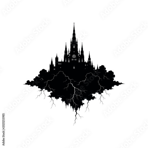 Gothic castle silhouette floating on stormy clouds with lightning bolts