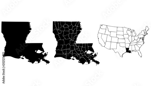 Foto Louisiana Map Vector Bundle: Solid State Silhouette, Parish Boundaries & USA Loc