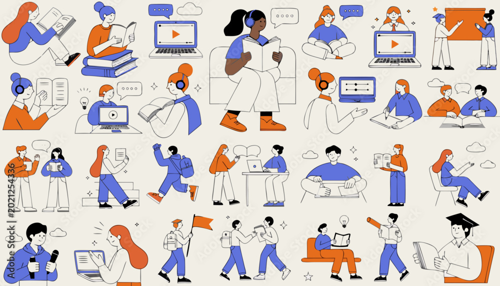 Fototapeta premium People studying and attending online classes through various digital learning devices.