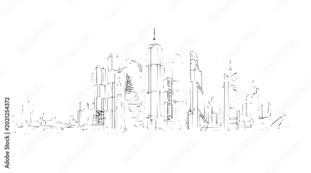 Fototapeta premium Sketchy Cityscape Drawing: Modern Buildings, Skyline Silhouette, Urban Landscape Art