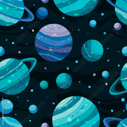 Space seamless pattern background. Planets, stars, asteroids in outer space