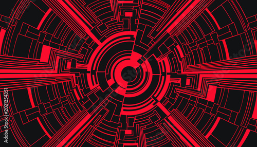 Abstract circular technology background with red circuit lines and geometric digital shapes.