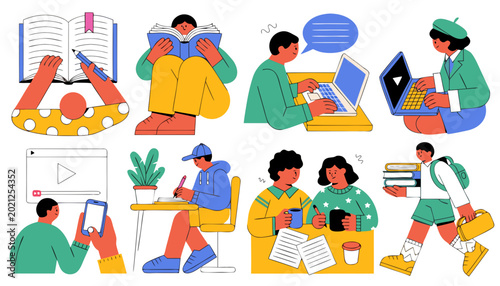Students learning with laptops books and digital devices flat vector illustration set icon.