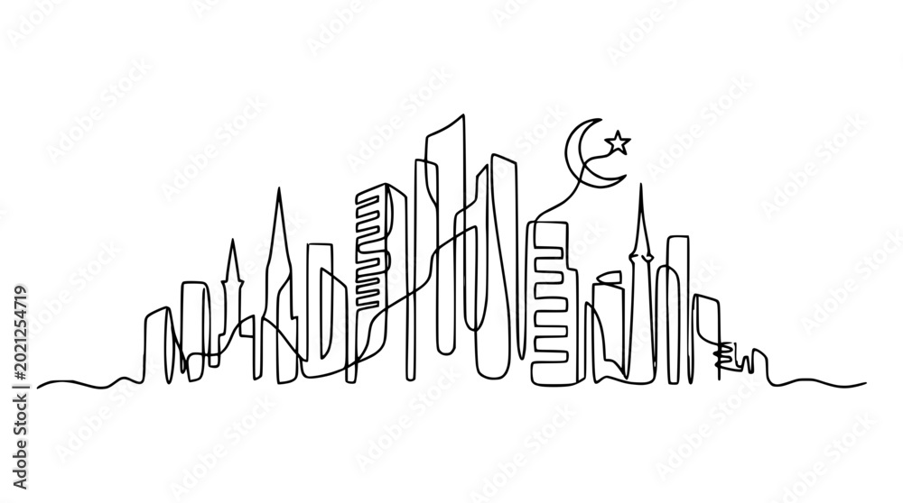Obraz premium Continuous Line Drawing of Islamic City Skyline with Crescent Moon and Star