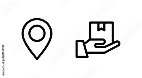 Location pin and hand holding package icons with location destination navigation delivery shipping logistics transport commerce shopping recipient fulfillment customer