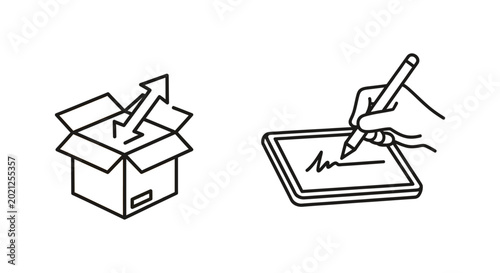 Delivery box and signature capture icon with e commerce delivery shipping transport logistics signature authentication confirmation agreement document electronic shopping e-commerce