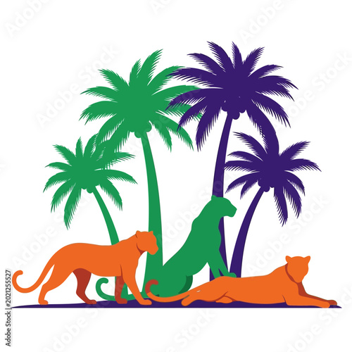 Colorful Leopard Silhouette Scene with Palm Trees