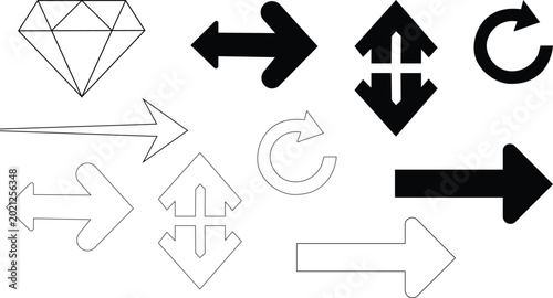 Collection of diverse arrow and a diamond shape in black and white outlines
